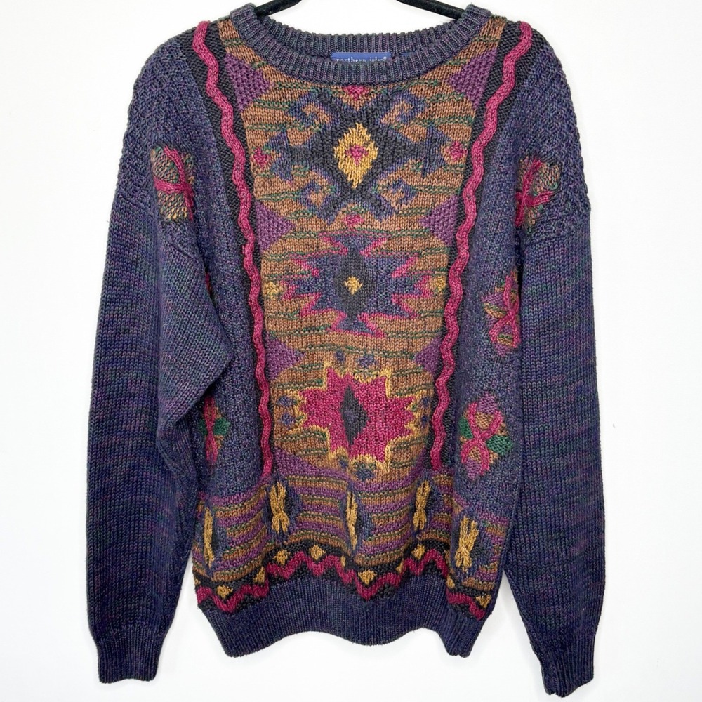 Northern Isles Vintage 90s Hand Knit Geometric Sweater Purple Ramie Cotton Large